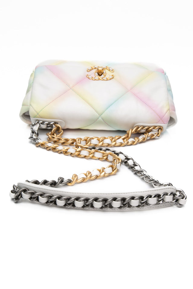 CHANEL White Multicolor Goatskin Quilted Medium Chanel 19 Flap Bag