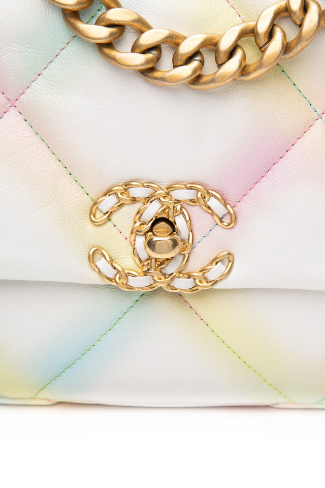 CHANEL White Multicolor Goatskin Quilted Medium Chanel 19 Flap Bag