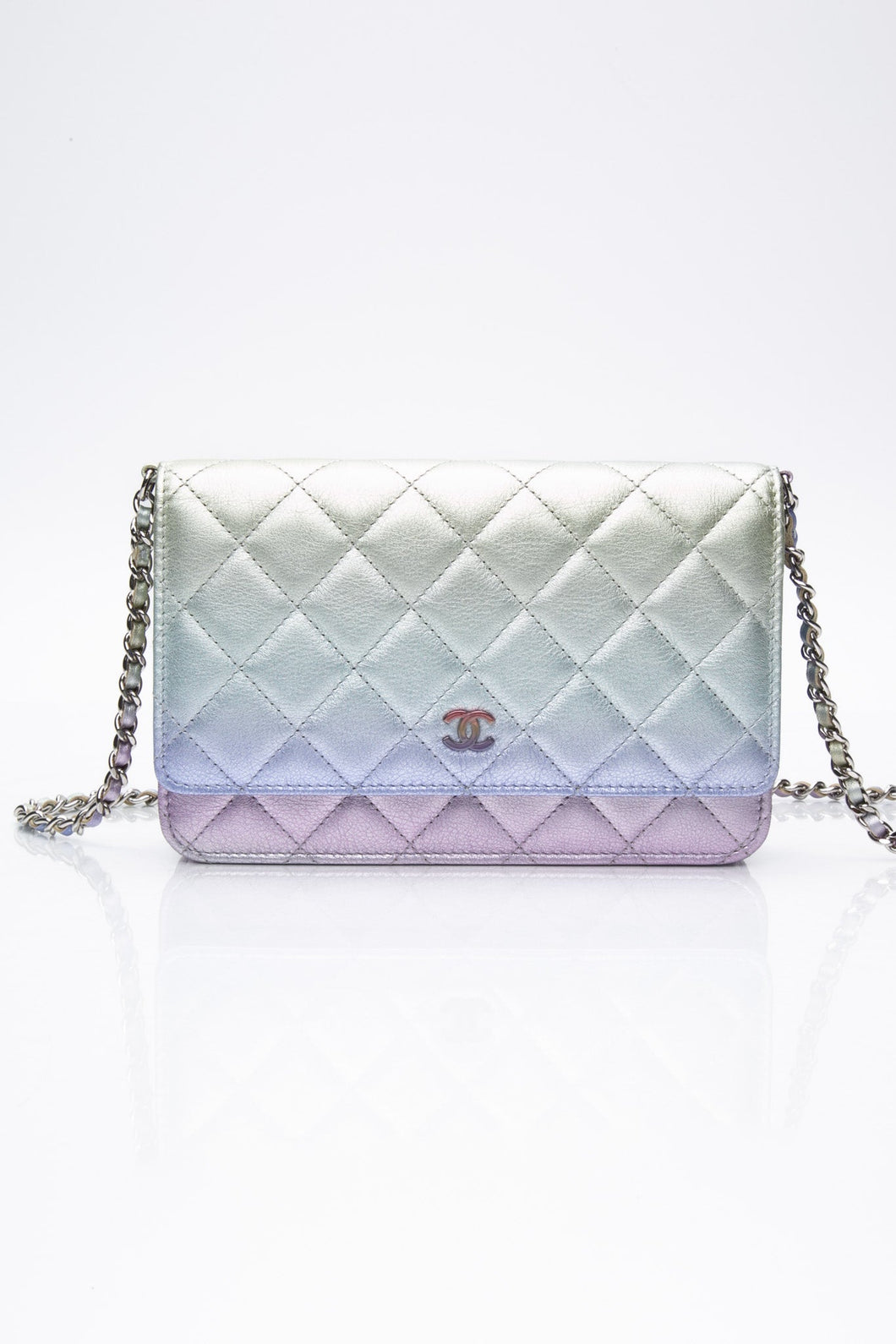 CHANEL 21K Gradient Metallic Rainbow Ombre Quilted Wallet on Chain WOC