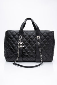 CHANEL Large Black Quilted Leather Python Easy Carry Tote