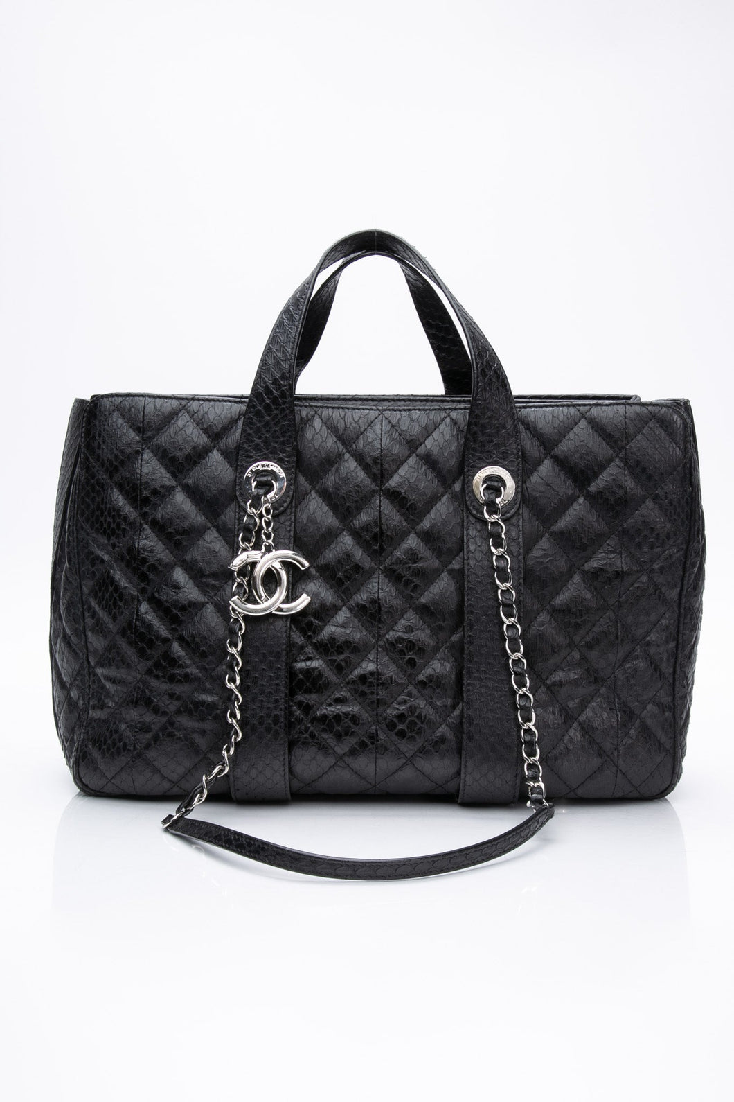 CHANEL Large Black Quilted Leather Python Easy Carry Tote