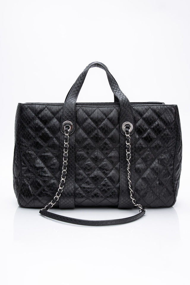 CHANEL Large Black Quilted Leather Python Easy Carry Tote