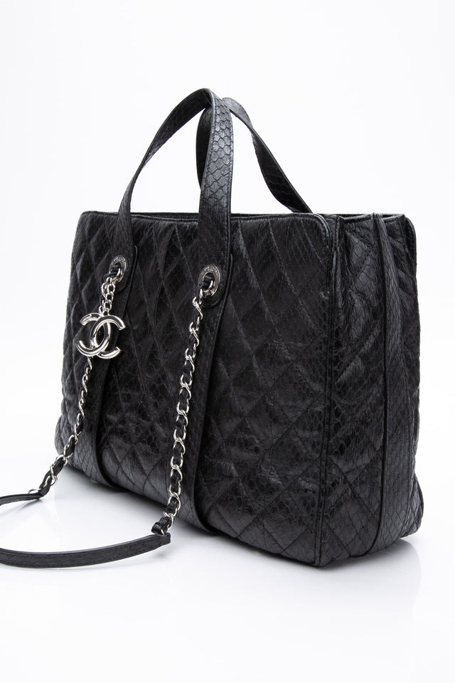 CHANEL Large Black Quilted Leather Python Easy Carry Tote