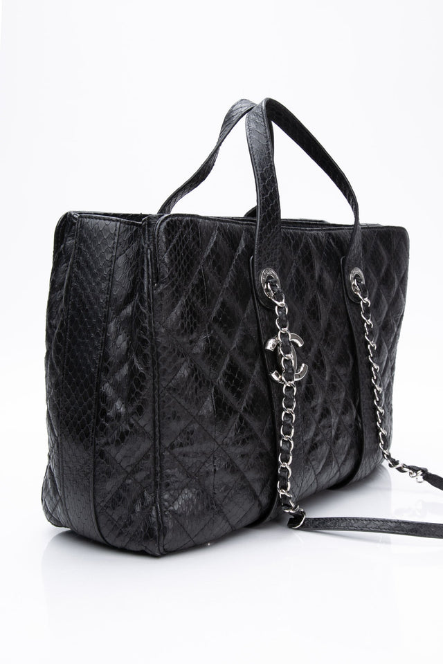 CHANEL Large Black Quilted Leather Python Easy Carry Tote