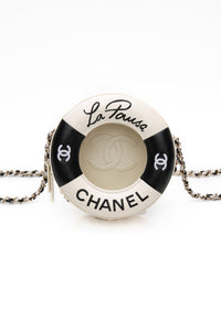 CHANEL Black White Lambskin Coco Lifesaver Round Crossbody Bag