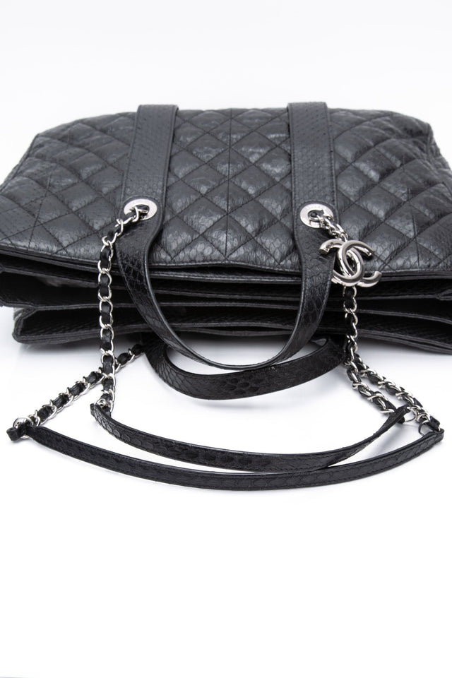 CHANEL Large Black Quilted Leather Python Easy Carry Tote