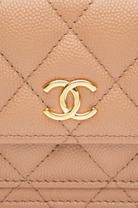 CHANEL Beige Caviar Quilted Pocket Clutch Wallet On Chain WOC