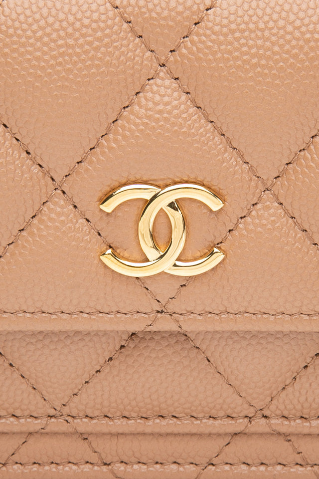 CHANEL Beige Caviar Quilted Pocket Clutch Wallet On Chain WOC
