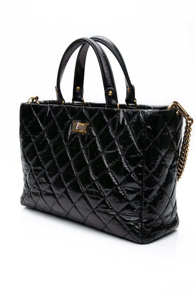 CHANEL Black Reissue Glazed Calfskin Leather Shopping Tote Bag