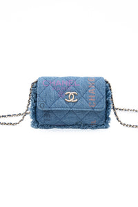 CHANEL 22P Blue Denim Micro Graffiti CC Logo Crossbody