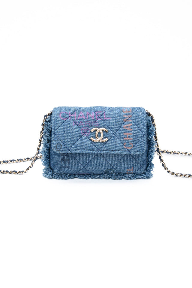 CHANEL 22P Blue Denim Micro Graffiti CC Logo Crossbody