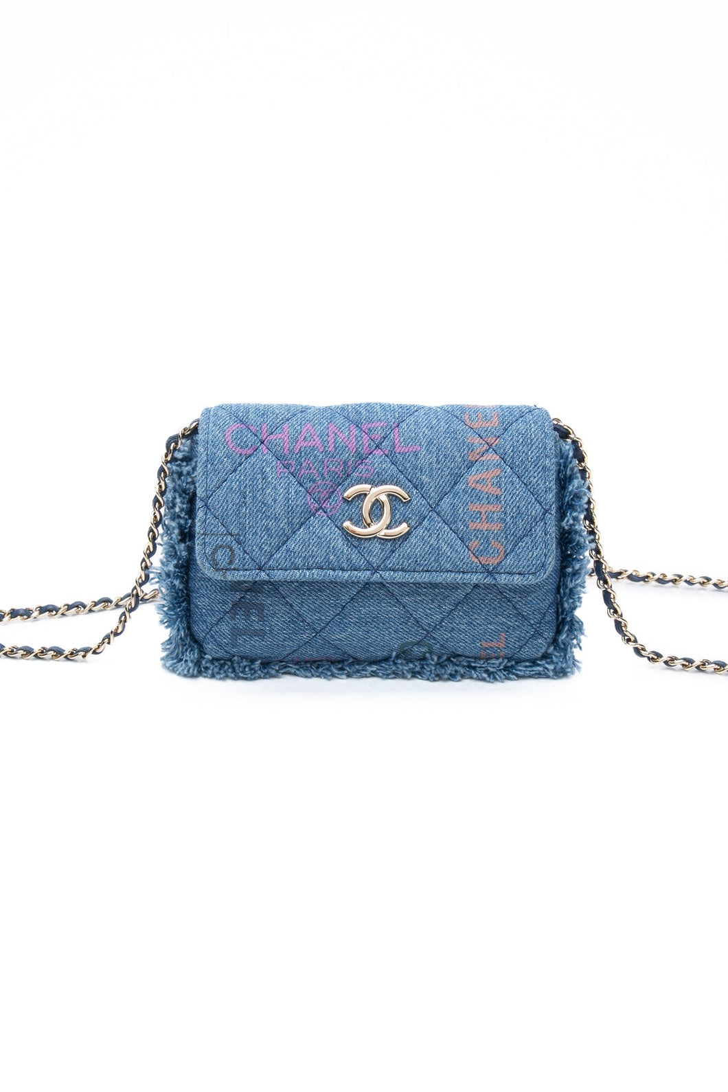 CHANEL 22P Blue Denim Micro Graffiti CC Logo Crossbody