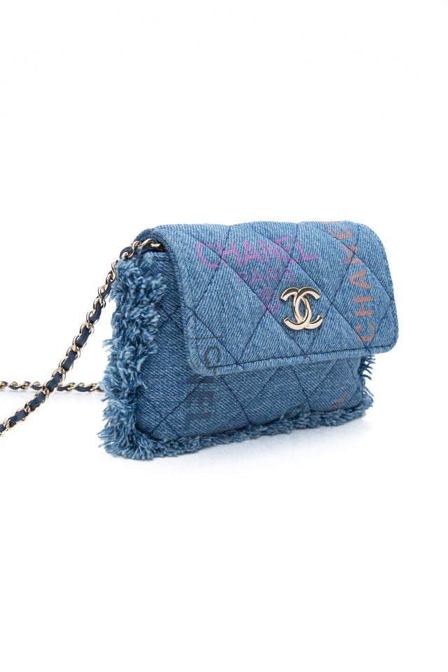 CHANEL 22P Blue Denim Micro Graffiti CC Logo Crossbody