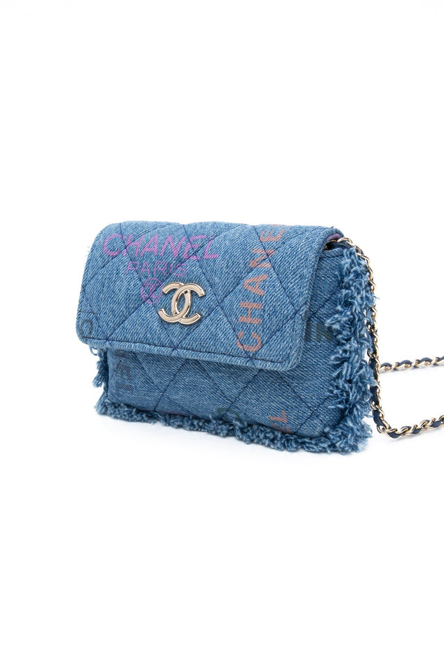 CHANEL 22P Blue Denim Micro Graffiti CC Logo Crossbody