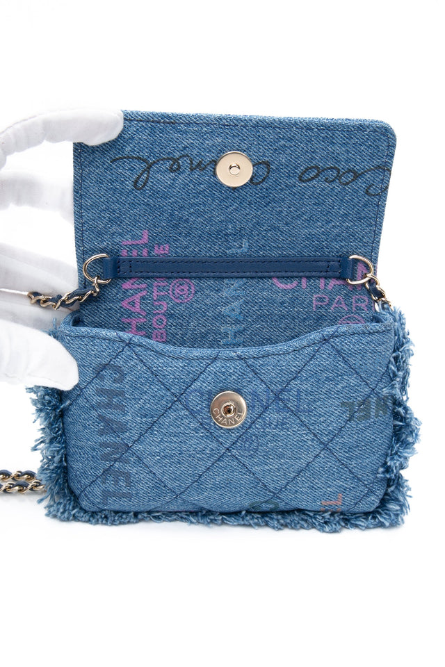 CHANEL 22P Blue Denim Micro Graffiti CC Logo Crossbody