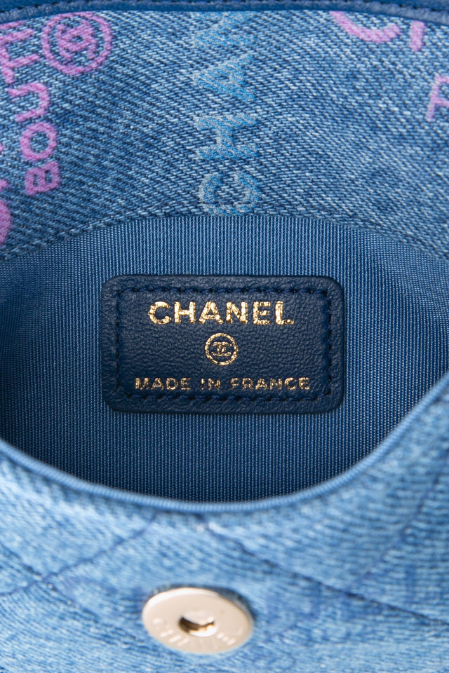 CHANEL 22P Blue Denim Micro Graffiti CC Logo Crossbody