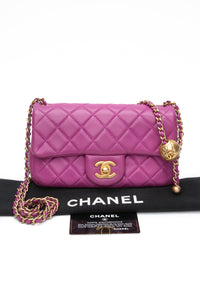 CHANEL Rectangular Mini Purple Lambskin Quilted Pearl Crush Gold Flap Bag