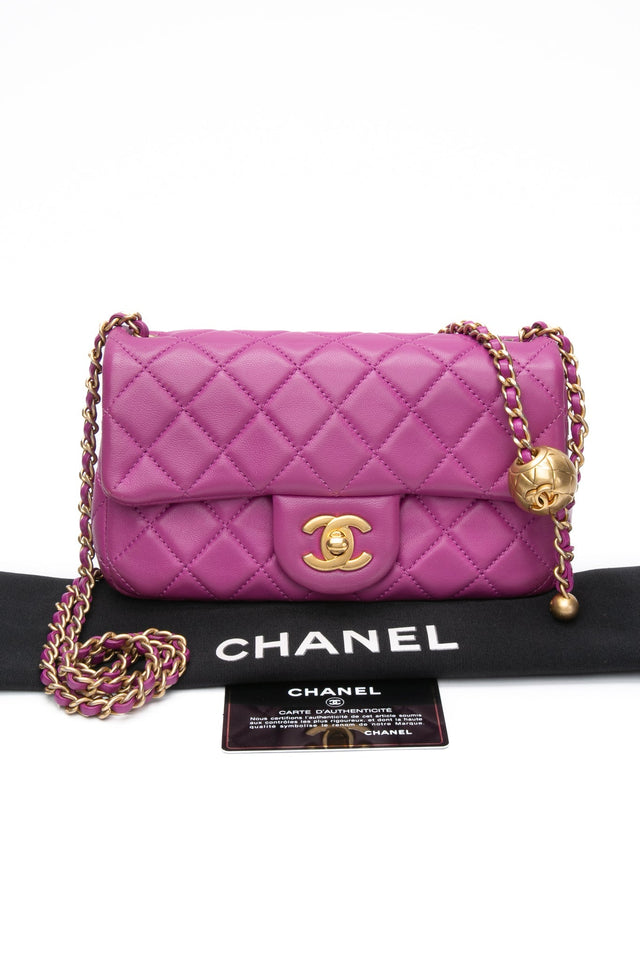 CHANEL Rectangular Mini Purple Lambskin Quilted Pearl Crush Gold Flap Bag