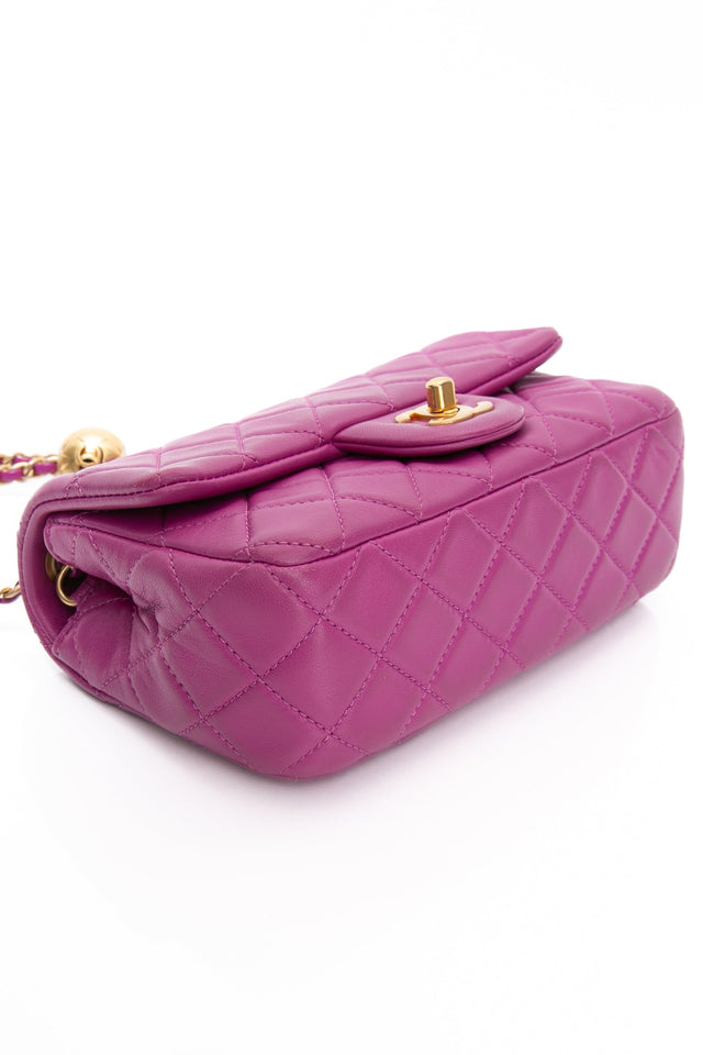 CHANEL Rectangular Mini Purple Lambskin Quilted Pearl Crush Gold Flap Bag