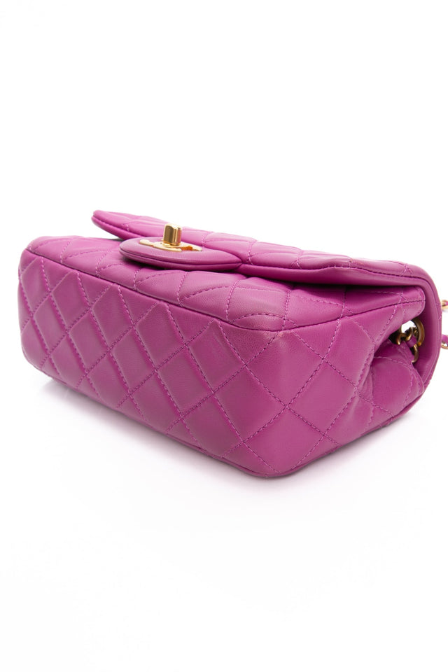 CHANEL Rectangular Mini Purple Lambskin Quilted Pearl Crush Gold Flap Bag