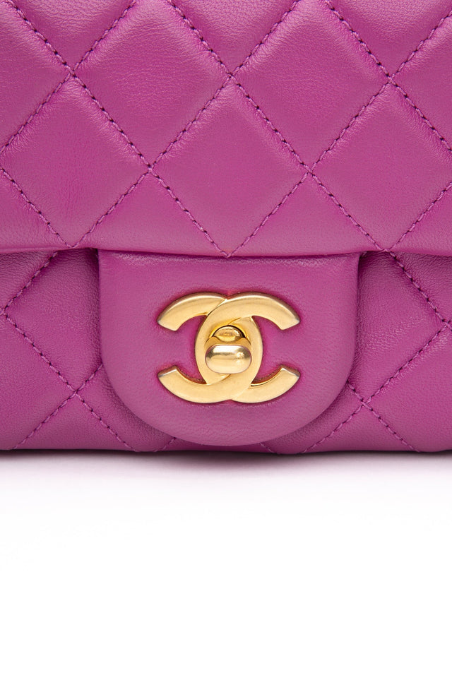CHANEL Rectangular Mini Purple Lambskin Quilted Pearl Crush Gold Flap Bag