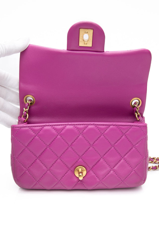 CHANEL Rectangular Mini Purple Lambskin Quilted Pearl Crush Gold Flap Bag