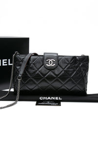 CHANEL Black Glazed Calfskin Quilted Coco Pleats Chain Clutch Bag