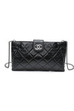 CHANEL Black Glazed Calfskin Quilted Coco Pleats Chain Clutch Bag