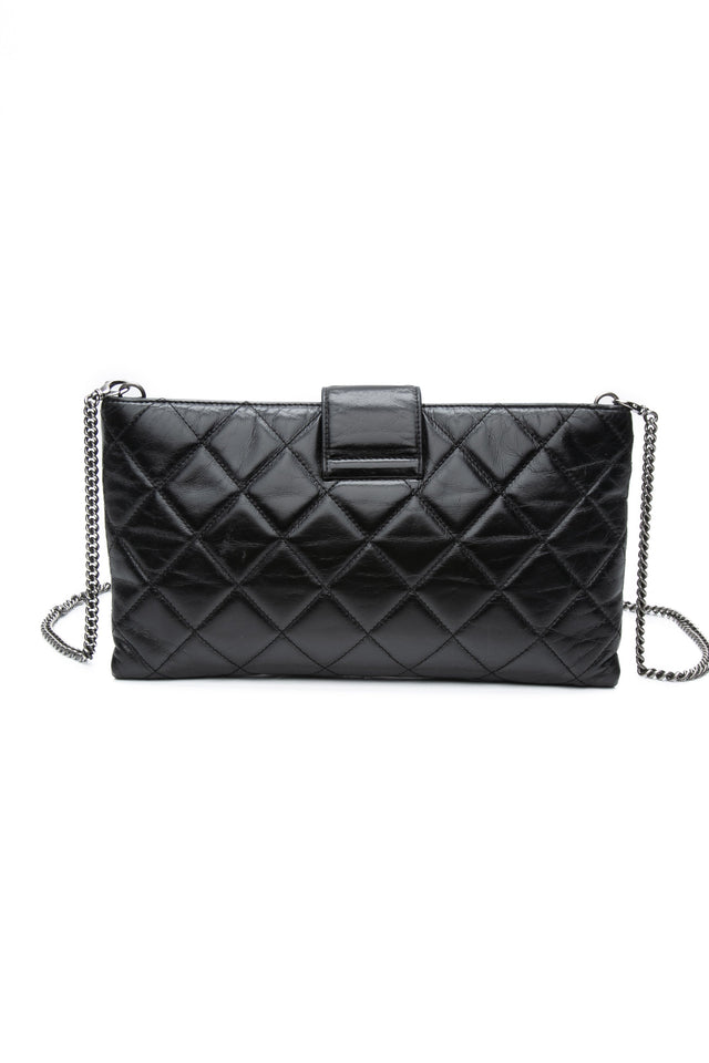 CHANEL Black Glazed Calfskin Quilted Coco Pleats Chain Clutch Bag