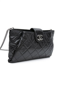 CHANEL Black Glazed Calfskin Quilted Coco Pleats Chain Clutch Bag