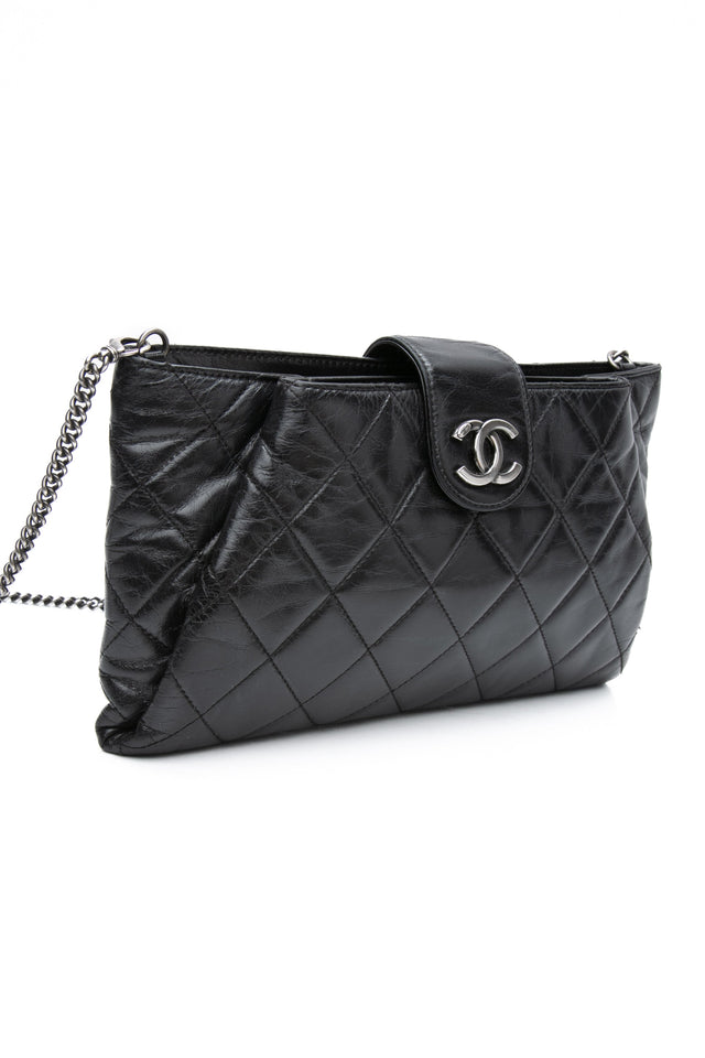 CHANEL Black Glazed Calfskin Quilted Coco Pleats Chain Clutch Bag
