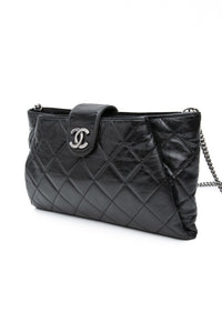 CHANEL Black Glazed Calfskin Quilted Coco Pleats Chain Clutch Bag
