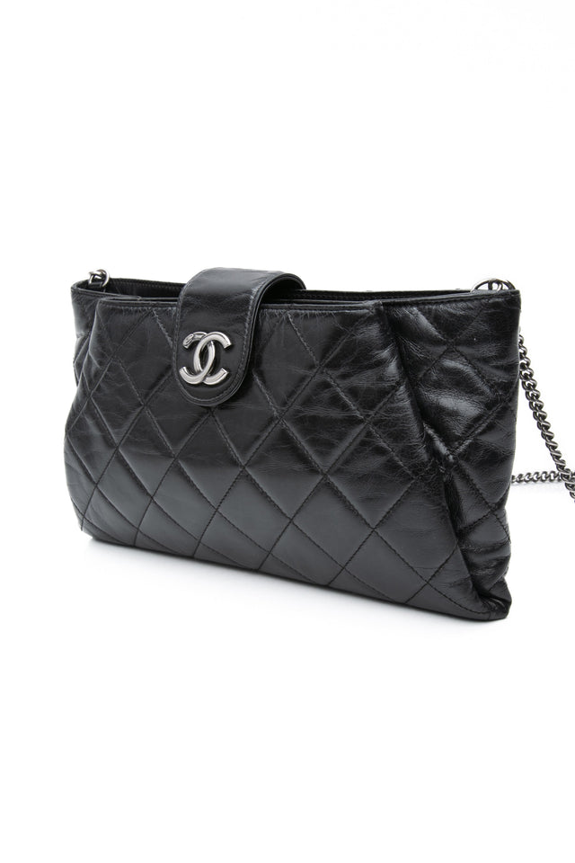 CHANEL Black Glazed Calfskin Quilted Coco Pleats Chain Clutch Bag