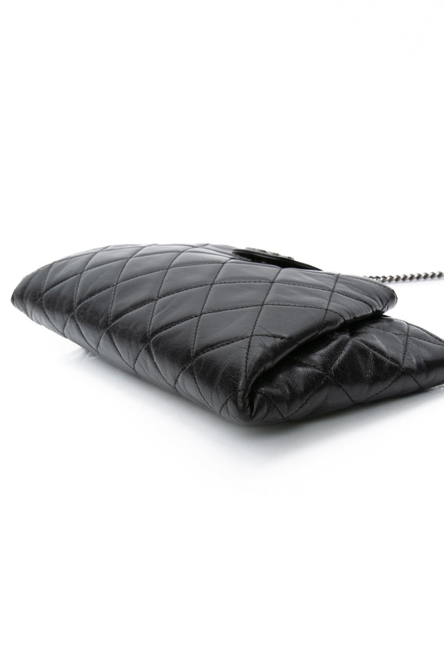 CHANEL Black Glazed Calfskin Quilted Coco Pleats Chain Clutch Bag