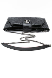 CHANEL Black Glazed Calfskin Quilted Coco Pleats Chain Clutch Bag