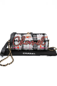 CHANEL 20S White Black Tweed Calfskin Chain Signature Bowling Crossbody Bag (New)