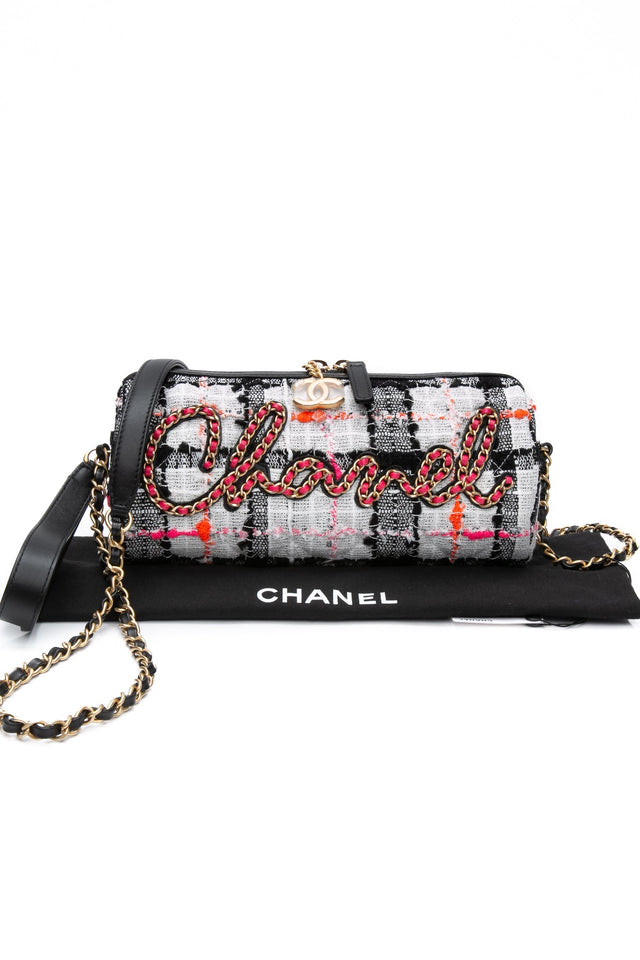 CHANEL 20S White Black Tweed Calfskin Chain Signature Bowling Crossbody Bag (New)