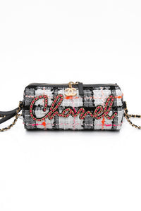 CHANEL 20S White Black Tweed Calfskin Chain Signature Bowling Crossbody Bag (New)