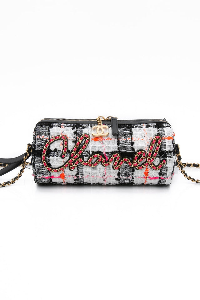 CHANEL 20S White Black Tweed Calfskin Chain Signature Bowling Crossbody Bag (New)