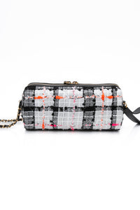 CHANEL 20S White Black Tweed Calfskin Chain Signature Bowling Crossbody Bag (New)