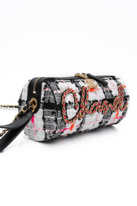 CHANEL 20S White Black Tweed Calfskin Chain Signature Bowling Crossbody Bag (New)