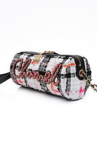 CHANEL 20S White Black Tweed Calfskin Chain Signature Bowling Crossbody Bag (New)