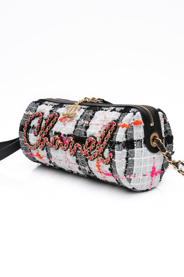CHANEL 20S White Black Tweed Calfskin Chain Signature Bowling Crossbody Bag (New)