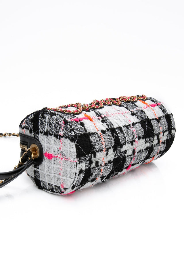 CHANEL 20S White Black Tweed Calfskin Chain Signature Bowling Crossbody Bag (New)