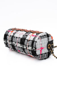 CHANEL 20S White Black Tweed Calfskin Chain Signature Bowling Crossbody Bag (New)