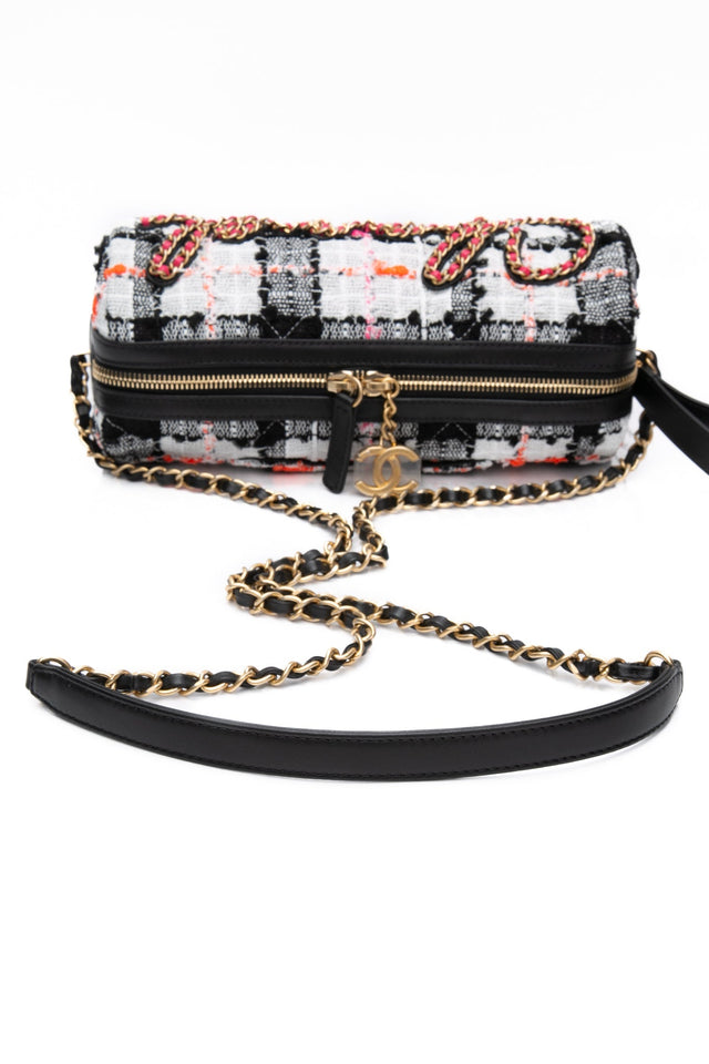CHANEL 20S White Black Tweed Calfskin Chain Signature Bowling Crossbody Bag (New)