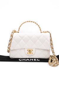 CHANEL Mini White Quilted Calfskin Top Handle Flap Bag with Chain