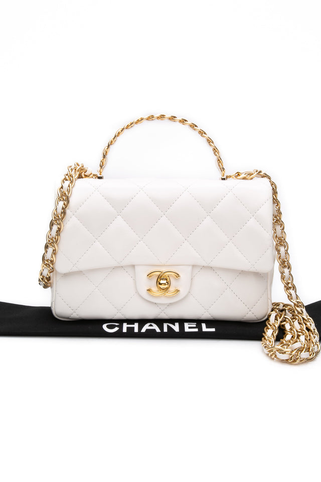 CHANEL Mini White Quilted Calfskin Top Handle Flap Bag with Chain