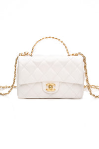 CHANEL Mini White Quilted Calfskin Top Handle Flap Bag with Chain