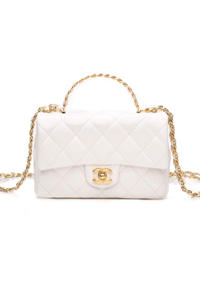 CHANEL Mini White Quilted Calfskin Top Handle Flap Bag with Chain